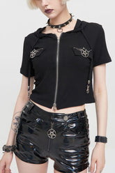 T-shirt à capuche pour femme avec fermeture éclair en métal noir punk et pentagramme des deux côtés